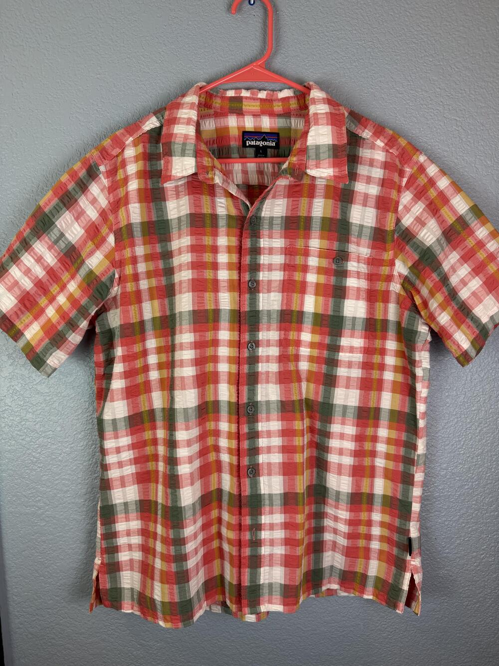 Patagonia Shirt Mens Large Red Green Plaid Button Up Short Sleeve Outdoor 53004